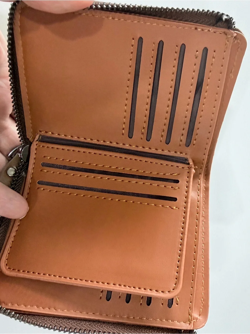 Brown Leather Zip Card Wallet with Contrast Stitching